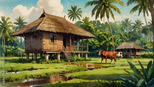 A traditional Malay wooden house surrounded by a spacious yard with green trees around the house