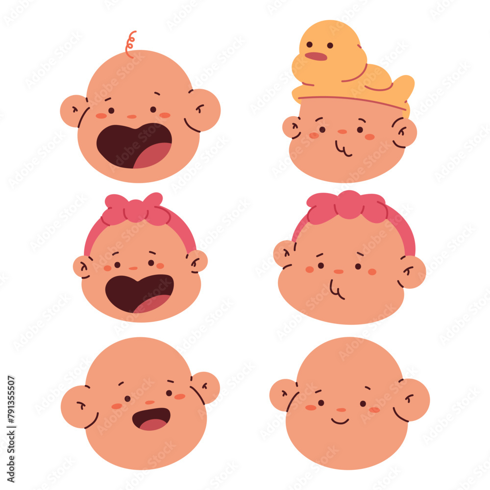 Cute baby face emotions vector cartoon set isolated on a white background.