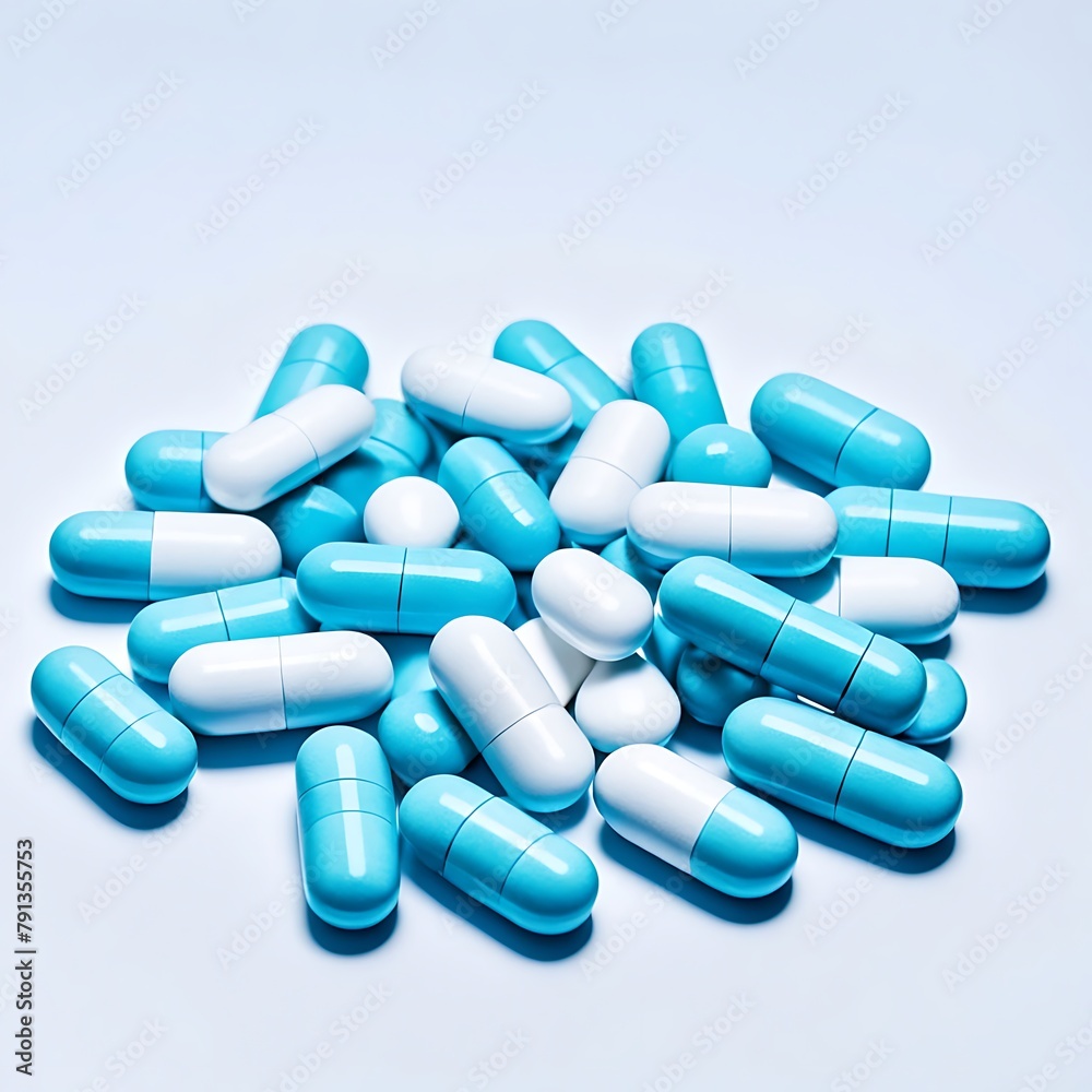 Blue and white pills on white background 