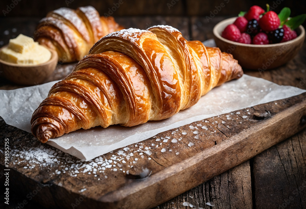 Freshly baked coissant on rustic table Freshly baked coissant on rustic table