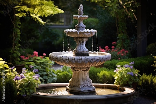 Garden Fountain Elegance: Highlight the beauty of a garden fountain and its surroundings.