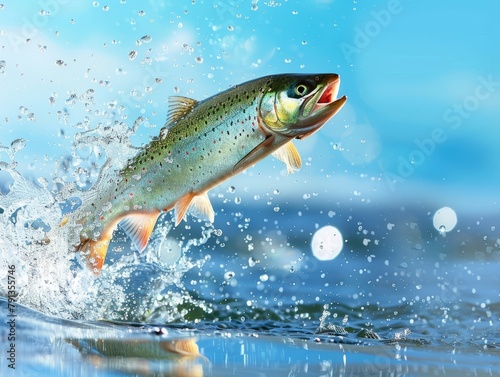 Rainbow trout jumping out of the water on a background of blue sky