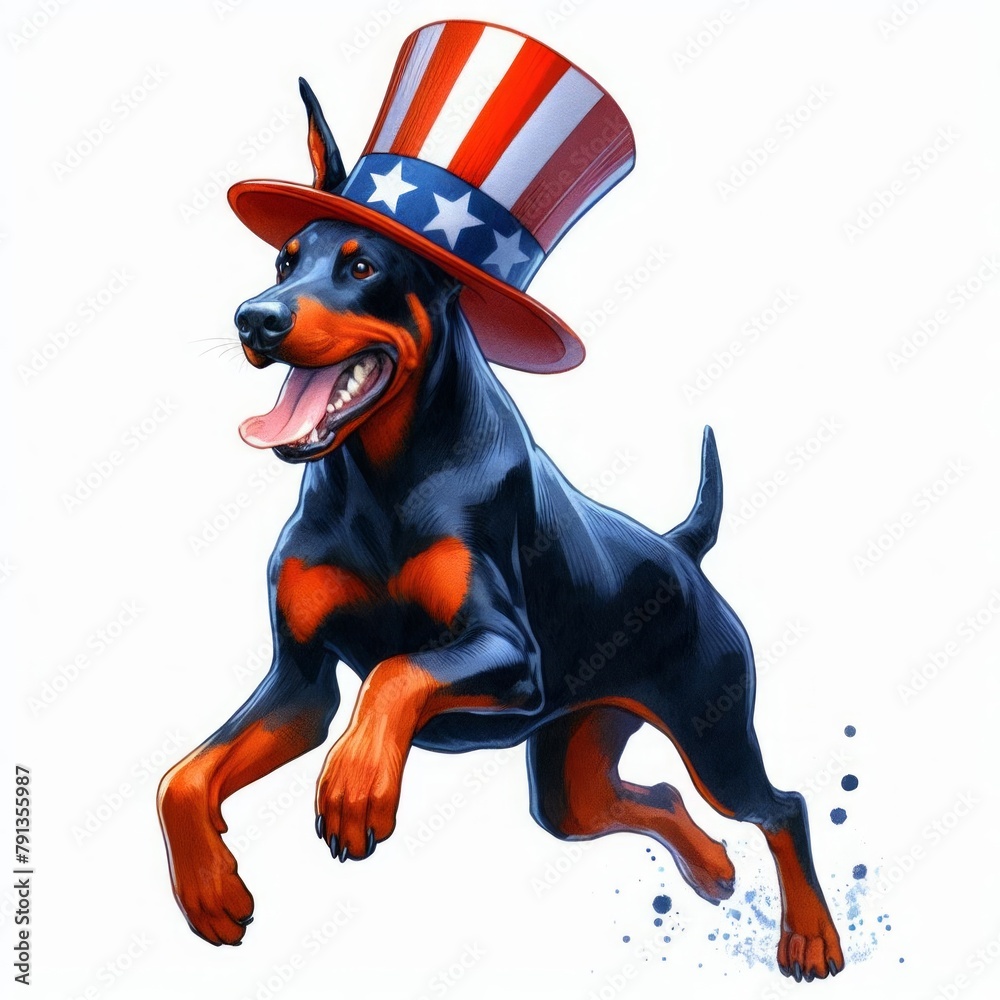Doberman Pinscher Dog Patriotic with American Flag. Watercolor 4th July Memorial Day Clip Art. Celebration USA (United State) Independence Day Art Cute Cartoon Character