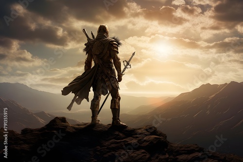 3D illustration of a fantasy warrior against the background of the mountains