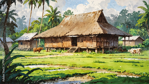View of a traditional Malay wooden house surrounded by a 
spacious yard with beautiful green trees around the house.