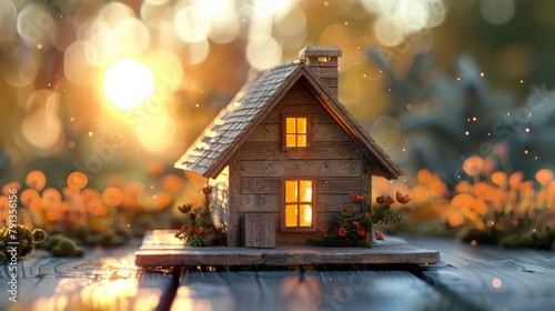 Small wooden house with window on table photo