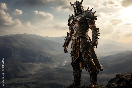3D Illustration of a fantasy warrior in armor on a mountain