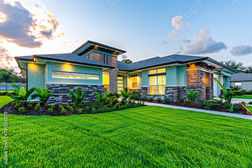 Dawn's gentle light caresses a contemporary home's blue exterior, its landscaping a harmony of brick, stone, and green.