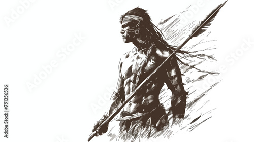 Tribe man holding spear vector illustration sketch