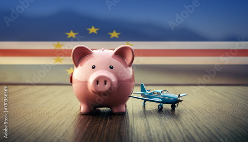 A piggy bank with an airplane against the backdrop of the Cape Verde flag. Saving money for vacations, leisure, and flights.