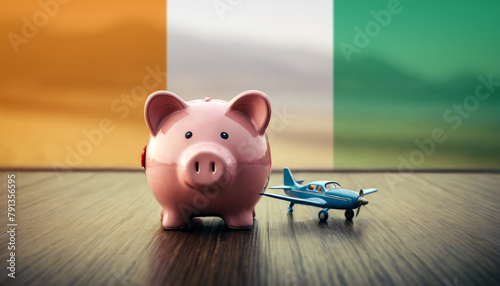 A piggy bank with an airplane against the backdrop of the Cote d'Ivoire flag. Saving money for vacations, leisure, and flights.