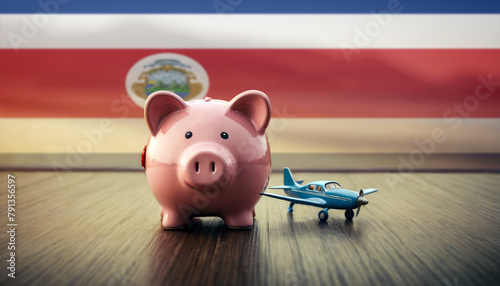 A piggy bank with an airplane against the backdrop of the Costa Rica flag. Saving money for vacations, leisure, and flights.