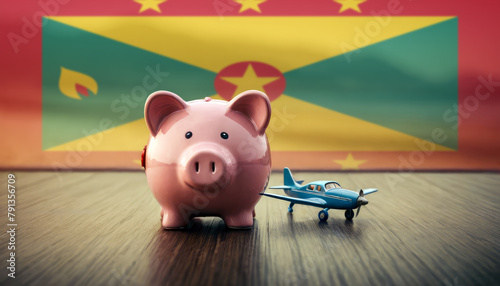 A piggy bank with an airplane against the backdrop of the Grenada flag. Saving money for vacations, leisure, and flights.