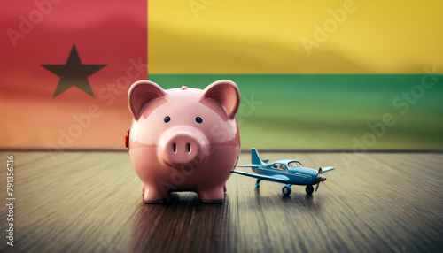 A piggy bank with an airplane against the backdrop of the Guinea-Bissau flag. Saving money for vacations, leisure, and flights.