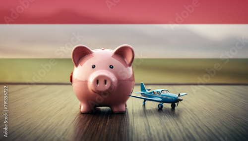 A piggy bank with an airplane against the backdrop of the Hungary flag. Saving money for vacations, leisure, and flights. photo