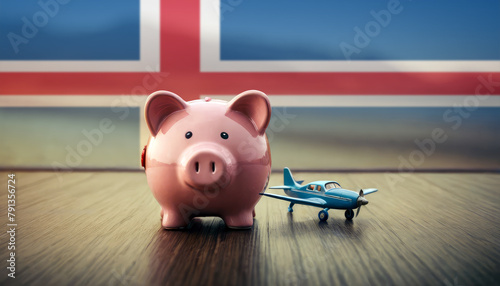 A piggy bank with an airplane against the backdrop of the Iceland flag. Saving money for vacations, leisure, and flights.