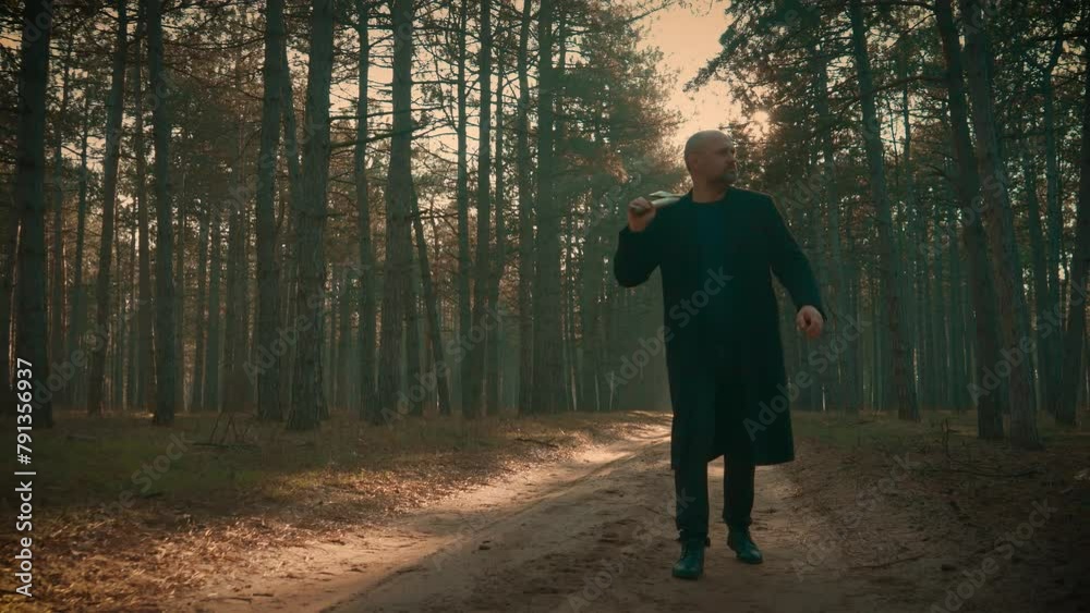 Killer before deathly murder, murderer notices victim and starts chasing running them with axe in forest. Bloodthirsty criminal maniac carrying case, searching for victim Killer before deathly murder, murderer notices victim and starts chasing running them with axe in forest. Bloodthirsty criminal maniac carrying case, searching for victim