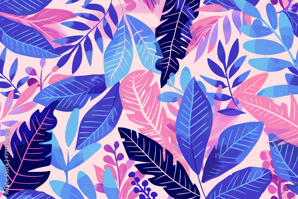 A flat vector illustration of a pink background with blue and purple leaves in a seamless pattern of simple shapes and flat color. Vibrant color. A flat vector illustration of a pink background with blue and purple leaves in a seamless pattern of simple shapes and flat color. Vibrant color.