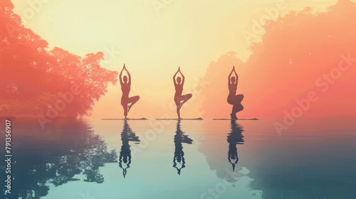 Silhouettes practicing yoga on water with foggy trees in the background, ai generated