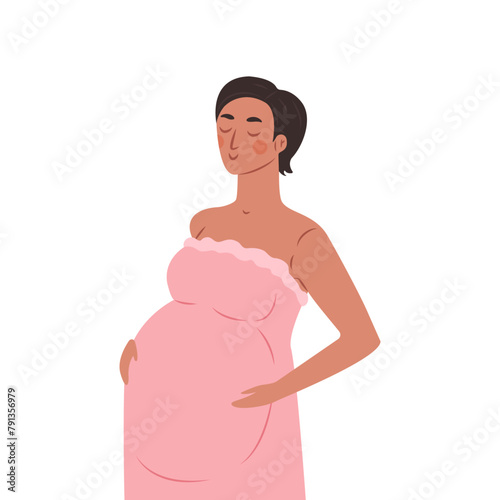Pregnant girl stroking her belly isolated on a white background. Happy expectant mother. Woman expecting birth of baby