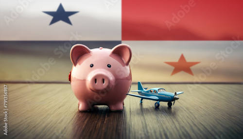 A piggy bank with an airplane against the backdrop of the Panama flag. Saving money for vacations, leisure, and flights.