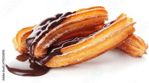 Churros with melted chocolate topping isolated white background photo