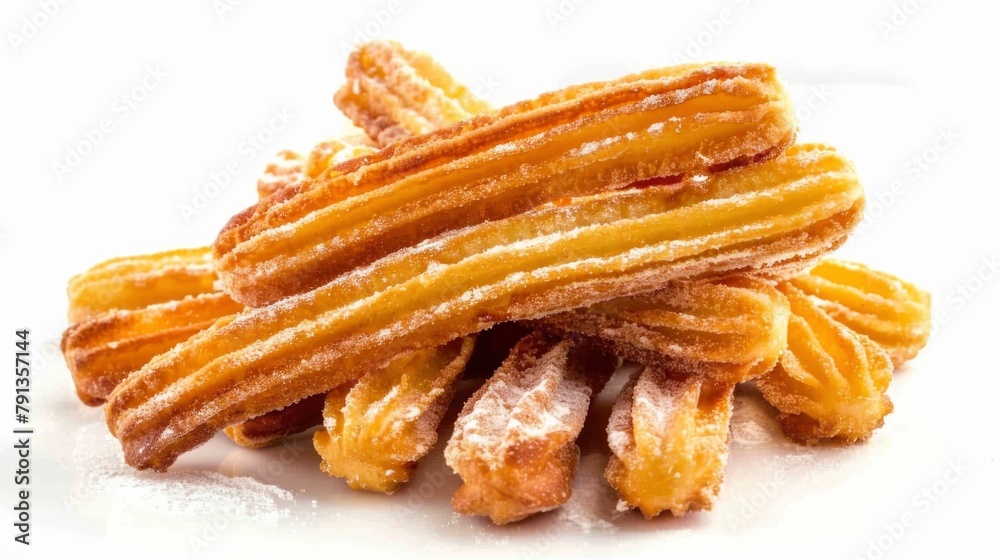 Churros with white sugar sprinkles isolated white background Churros with white sugar sprinkles isolated white background