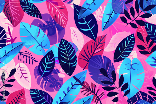 A flat vector illustration of a pink background with blue and purple leaves in a seamless pattern of simple shapes and flat color. Vibrant color. 