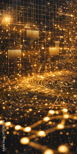 An abstract composition featuring financial technology elements with soft-focused bokeh and selective elements