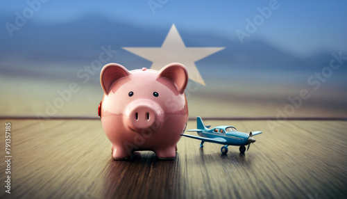 A piggy bank with an airplane against the backdrop of the Somalia flag. Saving money for vacations, leisure, and flights.