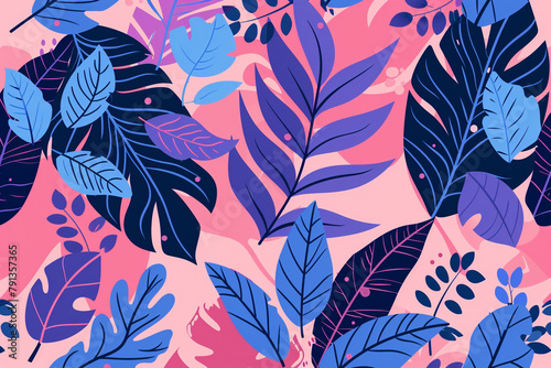 A flat vector illustration of a pink background with blue and purple leaves in a seamless pattern of simple shapes and flat color. Vibrant color. 