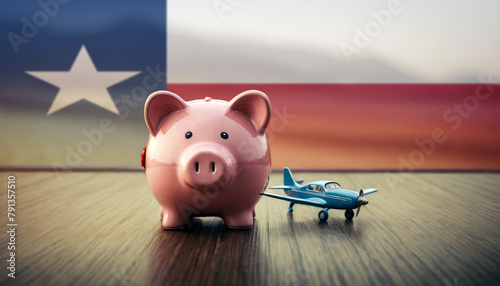 A piggy bank with an airplane against the backdrop of the Texas flag. Saving money for vacations, leisure, and flights.