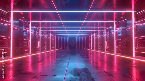 Futuristic empty neon background. High tech lines, studio product, future cyberspace concept. 3D illustration © plaksa