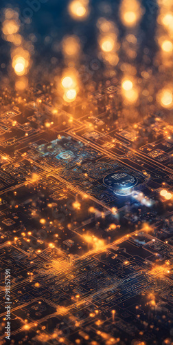An abstract composition featuring financial technology elements with soft-focused bokeh and selective elements