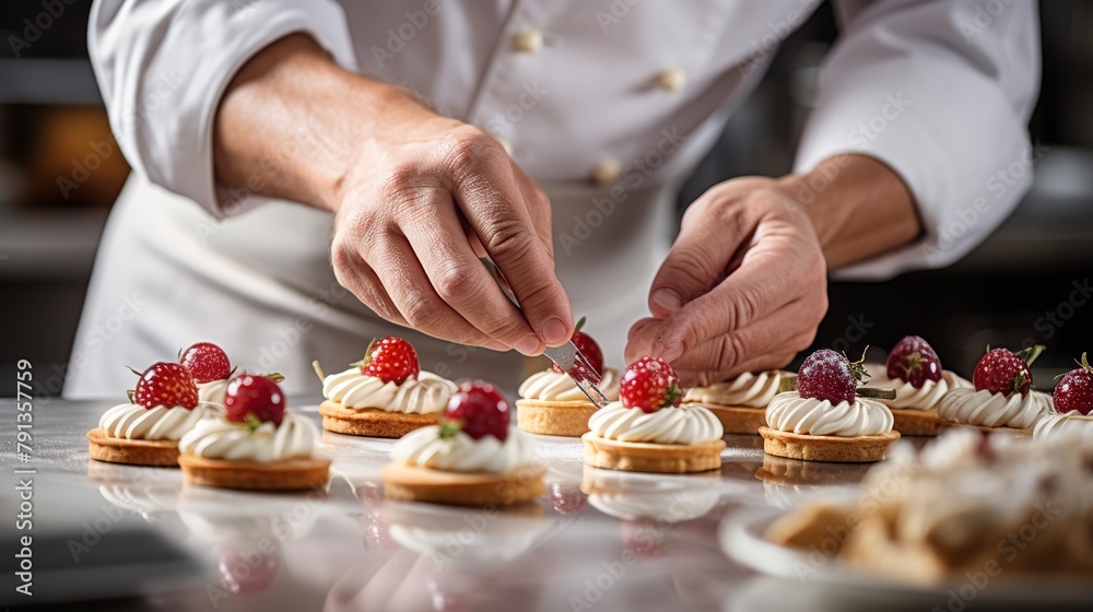 Close-up of a pastry chef's hands decorating fine pastries with delicate precision, in a professional kitchen setting. 
