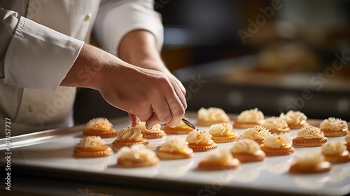 Close-up of a pastry chef's hands decorating fine pastries with delicate precision, in a professional kitchen setting. 