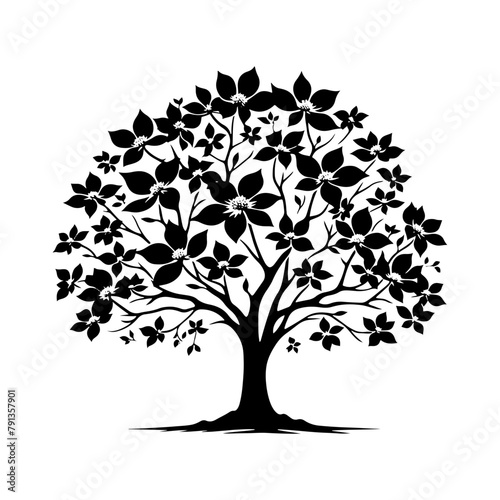Night's Bloom: Black Vector Dogwood Tree Silhouette, Nature's Floral Tapestry Unveiled Under Moonlight- Dogwood Illustration- Dogwood Vector Stock