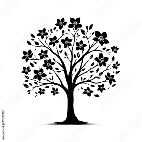 Night's Bloom: Black Vector Dogwood Tree Silhouette, Nature's Floral Tapestry Unveiled Under Moonlight- Dogwood Illustration- Dogwood Vector Stock