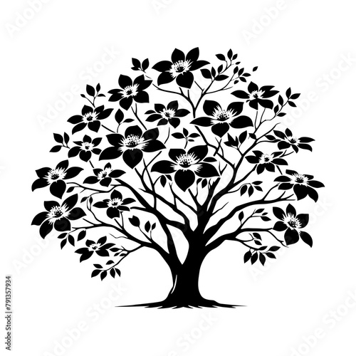 Night's Bloom: Black Vector Dogwood Tree Silhouette, Nature's Floral Tapestry Unveiled Under Moonlight- Dogwood Illustration- Dogwood Vector Stock