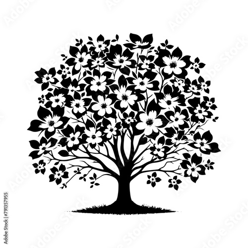 Night's Bloom: Black Vector Dogwood Tree Silhouette, Nature's Floral Tapestry Unveiled Under Moonlight- Dogwood Illustration- Dogwood Vector Stock
