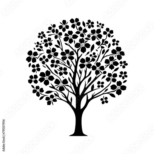 Night's Bloom: Black Vector Dogwood Tree Silhouette, Nature's Floral Tapestry Unveiled Under Moonlight- Dogwood Illustration- Dogwood Vector Stock