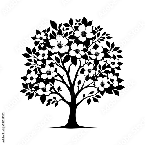 Night's Bloom: Black Vector Dogwood Tree Silhouette, Nature's Floral Tapestry Unveiled Under Moonlight- Dogwood Illustration- Dogwood Vector Stock
