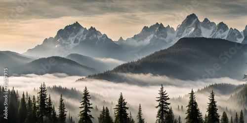 Fog obscuring the peaks of majestic mountains, landscape engulfed in a soft grey mist photo