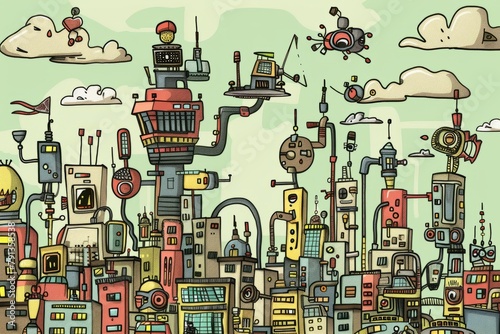 Cartoon cute doodles of a futuristic cityscape where robots and humans work together to build a better world, Generative AI