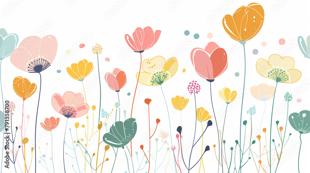 Simple line drawing of cute pastel flowers, minimalistic design, 2d illustration on a white background with flat colours
