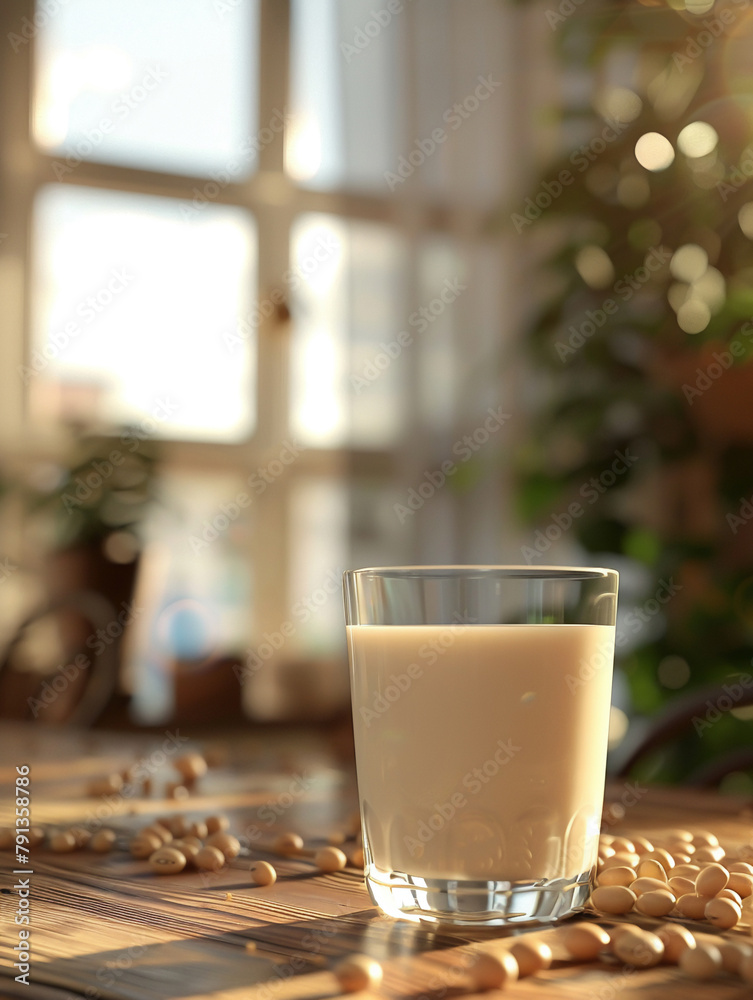 Glass of soy milk on wooden table, beans close-up, creamy bokeh backdrop, 3D render , 3DCG , cinematic , 8K , high-resolution Glass of soy milk on wooden table, beans close-up, creamy bokeh backdrop, 3D render , 3DCG , cinematic , 8K , high-resolution