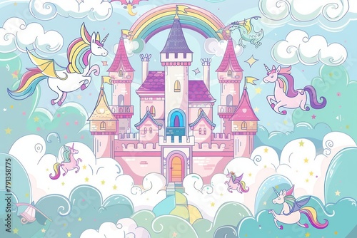 Cartoon cute doodles of a magical castle in the clouds, with flying unicorns and friendly dragons, Generative AI