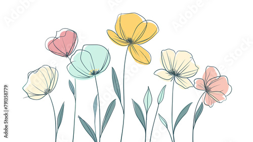 Simple line drawing of cute pastel flowers, minimalistic design, 2d illustration on a white background with flat colours  © Aisyaqilumar