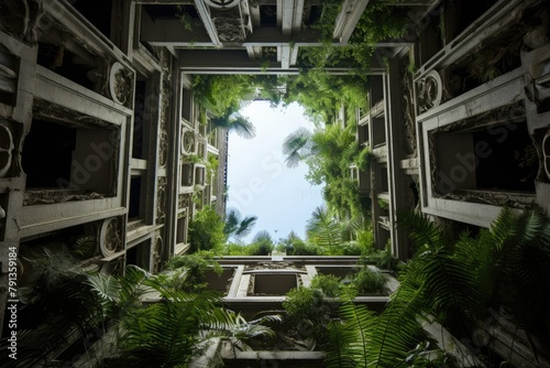 Garden Decor Elevation: Photograph the decor from a lower perspective, looking up.