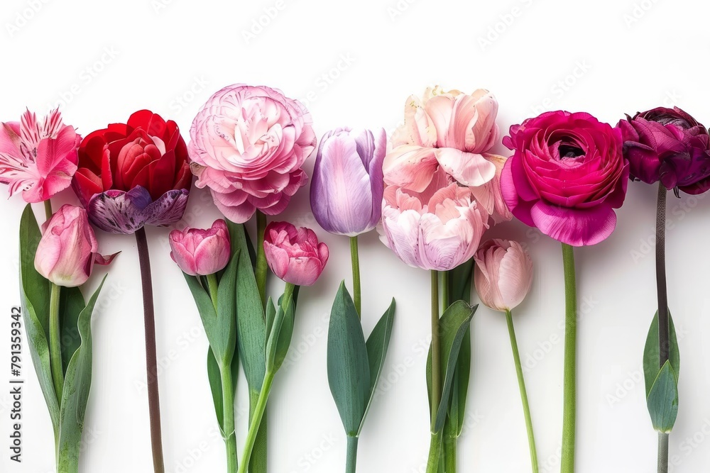 a delicate lineup of various flowers with elegant stems on a white background, conveying a sense of purity and simplicity. - obrazy, fototapety, plakaty 